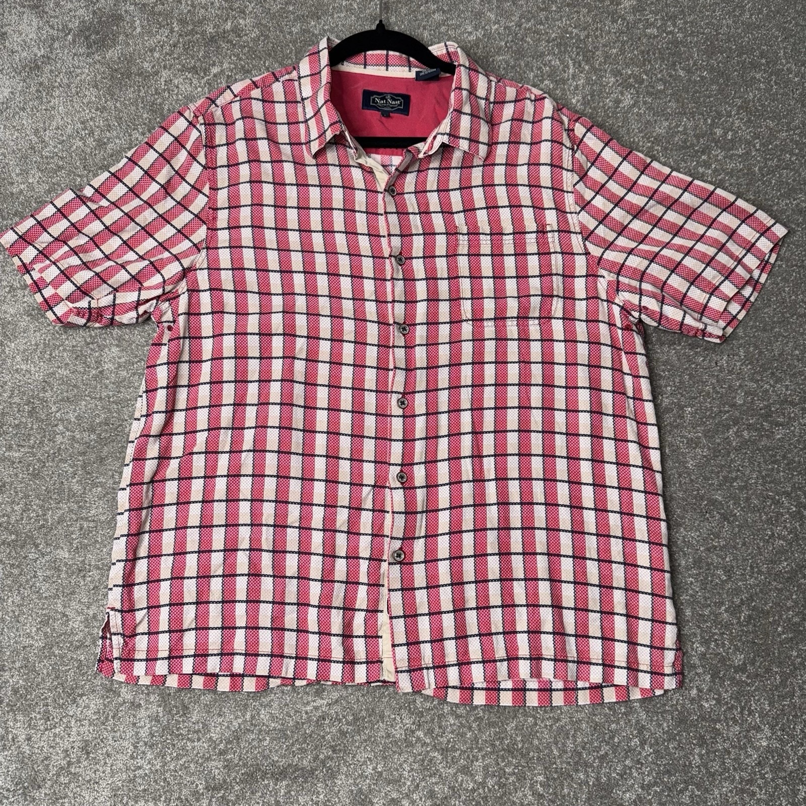 Nat Nast Silk Cotton Shirt L Paradise Red Plaid Short Sleeve Luxury Mens Button